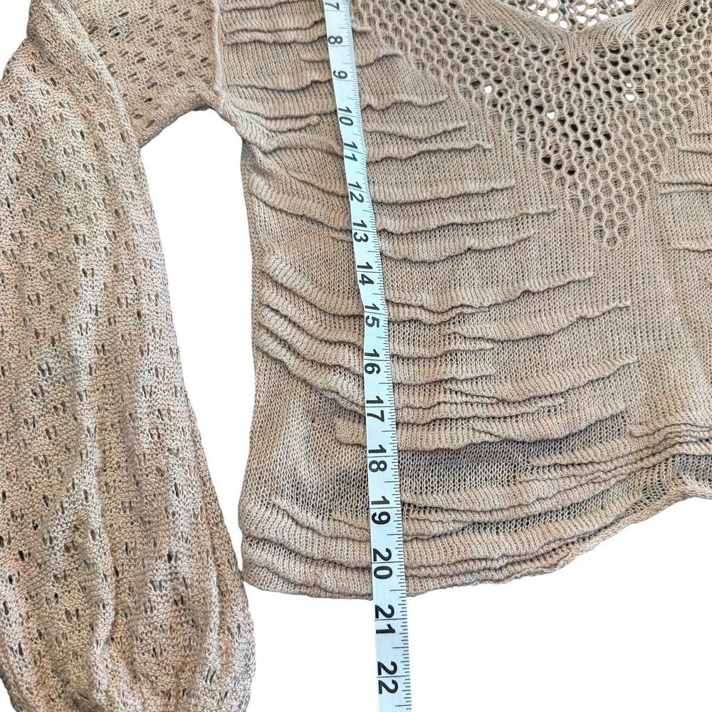 Free People Tan Open Knit Ruffle V-Neck‎ Linen Blend Crop Sweater Small - Picture 7 of 8